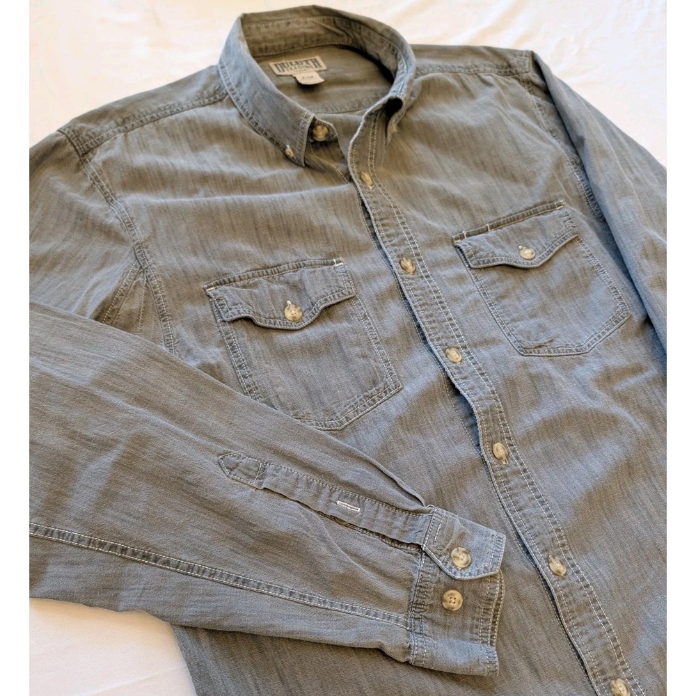 Duluth Trading Co Men XL Tall Gray Chambray Button Down Work Shirt 100% Cotton